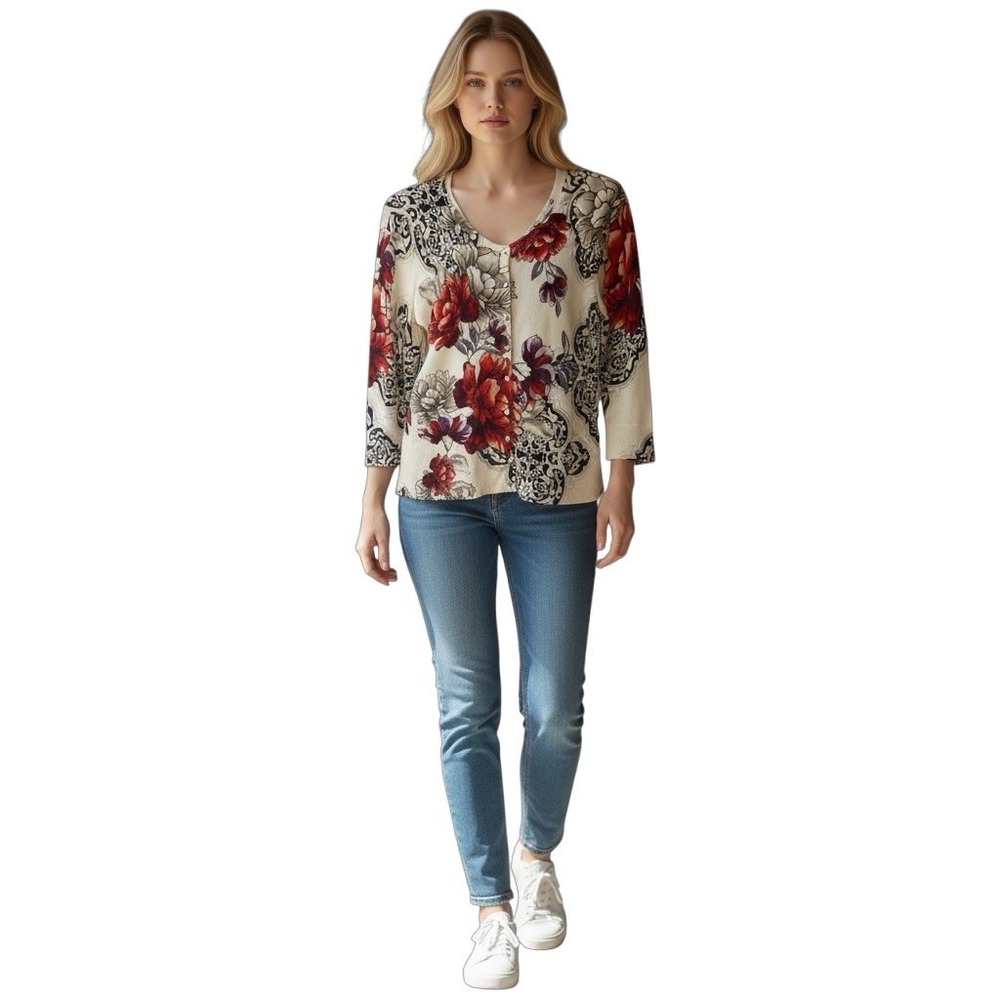 White House Black Market Floral Print Cardigan 3/4 Sleeve V-Neck Women's Small - Picture 3 of 5
